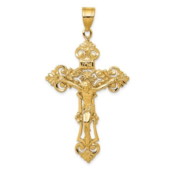 14k Yellow Gold INRI Fleur De Lis Crucifix Necklace Charm Pendant, 57mm x 31mm - Picture 1 of 3